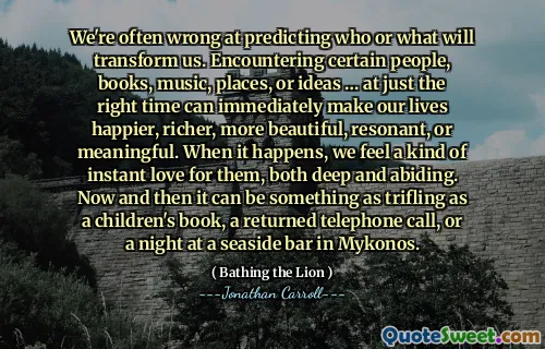 We're often wrong at predicting who or what will transform us. Encountering certain people, books, music, places, or ideas … at just the right time can immediately make our lives happier, richer, more beautiful, resonant, or meaningful. When it happens, we feel a kind of instant love for them, both deep and abiding. Now and then it can be something as trifling as a children's book, a returned telephone call, or a night at a seaside bar in Mykonos.