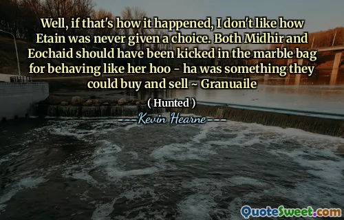 Well, if that's how it happened, I don't like how Etain was never given a choice. Both Midhir and Eochaid should have been kicked in the marble bag for behaving like her hoo - ha was something they could buy and sell ~ Granuaile