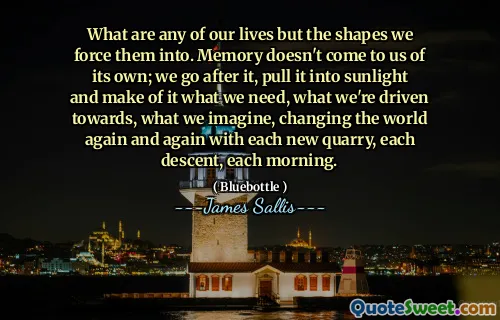 What are any of our lives but the shapes we force them into. Memory doesn't come to us of its own; we go after it, pull it into sunlight and make of it what we need, what we're driven towards, what we imagine, changing the world again and again with each new quarry, each descent, each morning.