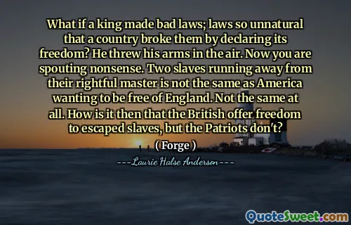 What if a king made bad laws; laws so unnatural that a country broke them by declaring its freedom? He threw his arms in the air. Now you are spouting nonsense. Two slaves running away from their rightful master is not the same as America wanting to be free of England. Not the same at all. How is it then that the British offer freedom to escaped slaves, but the Patriots don't?