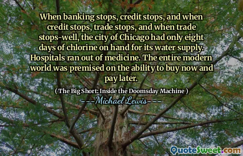 Khi ngân hàng dừng lại, tín dụng dừng lại và khi tín dụng dừng lại, giao dịch dừng lại và khi giao dịch dừng lại, thành phố Chicago chỉ có tám ngày clo trên tay để cung cấp nước. Bệnh viện hết thuốc. Toàn bộ thế giới hiện đại đã được đặt ra về khả năng mua ngay bây giờ và trả tiền sau.