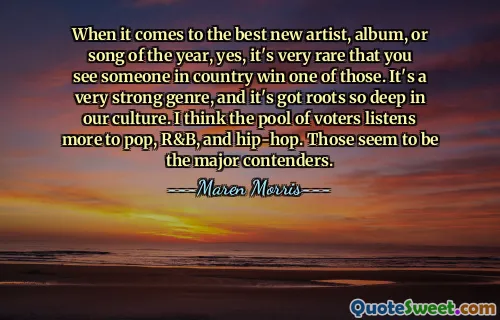 Ketika berbicara tentang artis, album, atau lagu baru terbaik tahun ini, ya, sangat jarang Anda melihat seseorang di suatu negara memenangkan salah satunya. Ini adalah genre yang sangat kuat dan mengakar kuat dalam budaya kita. Menurut saya kelompok pemilih lebih banyak mendengarkan musik pop, R&B, dan hip-hop. Tampaknya mereka adalah pesaing utama.