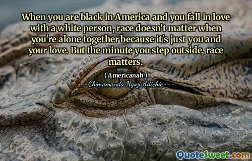 When you are black in America and you fall in love with a white person, race doesn't matter when you're alone together because it's just you and your love. But the minute you step outside, race matters.