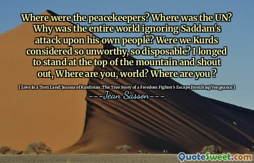 维和人员在哪里？联合国在哪里？为什么整个世界都忽略了萨达姆对自己的人民的攻击？我们是否认为库尔德人是如此不值得，那么一次性？我渴望站在山顶上，大喊大叫，你在哪里，世界？你在哪 ？