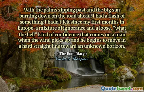 हथेलियों के अतीत और बड़े सूरज को आगे की ओर सड़क पर जलने के साथ, मेरे पास यूरोप में अपने पहले महीनों के बाद से कुछ ऐसा नहीं था, जो अज्ञानता का मिश्रण और एक ढीला था, "क्या नरक" एक तरह का आत्मविश्वास जो एक आदमी पर आता है जब हवा उठती है और वह एक अज्ञात क्षितिज की ओर एक कठिन सीधी रेखा में जाना शुरू कर देता है।