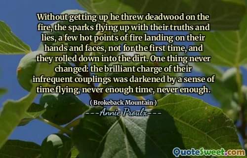 他不起床，将戴德伍德（Deadwood）扔到火上，火花带着真理和谎言飞来飞去，几个热点落在他们的手上和脸上，而不是第一次，他们滚入泥土中。一件事从未改变：他们不经常的耦合的出色指控被时间的飞行感，从未足够的时间，永远不够的。