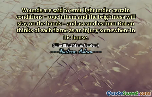 Wounds are said to emit light under certain conditions - touch them and the brightness will stay on the hands - and as candles burn Rohan thinks of each flame as an injury somewhere in his house.