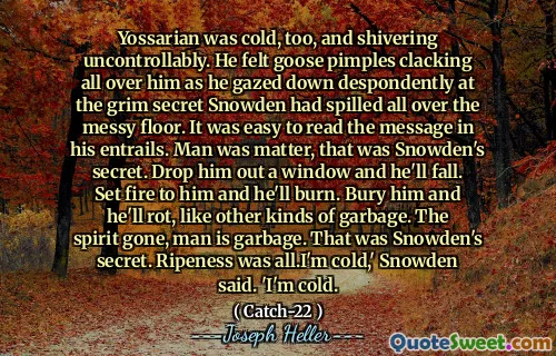 Yossarian var også kald, og skjelver ukontrollert. Han kjente gåsekonser som klappet over ham mens han stirret fortvilet mot den dystre hemmelige, Snowden hadde sølt over det rotete gulvet. Det var lett å lese meldingen i entrailene hans. Mennesket var sak, det var Snowdens hemmelighet. Slipp ham ut et vindu, så faller han. Sett fyr på ham, og han vil brenne. Begrav ham, og han vil råtne, som andre typer søppel. Ånden er borte, mennesket er søppel. Det var Snowdens hemmelighet. Modenhet var alt. Jeg er kald, 'sa Snowden. 'Jeg er kald.