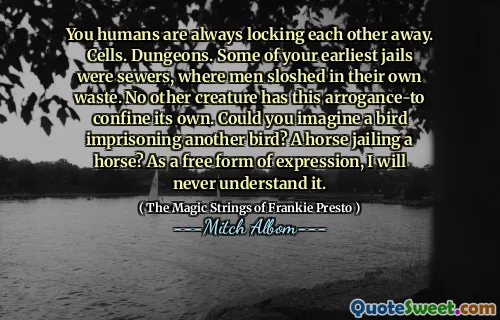 你们人类总是互相锁定。细胞。地牢。您最早的监狱是下水道，那里的男人陷入了自己的废物中。没有其他生物具有这种傲慢自行的傲慢。您能想象一只鸟囚禁另一只鸟吗？一匹马监禁一匹马？作为一种自由的表达方式，我永远不会理解。