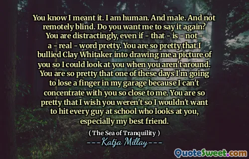 You know I meant it. I am human. And male. And not remotely blind. Do you want me to say it again? You are distractingly, even if - that - is - not - a - real - word pretty. You are so pretty that I bullied Clay Whitaker into drawing me a picture of you so I could look at you when you aren't around. You are so pretty that one of these days I'm going to lose a finger in my garage because I can't concentrate with you so close to me. You are so pretty that I wish you weren't so I wouldn't want to hit every guy at school who looks at you, especially my best friend.