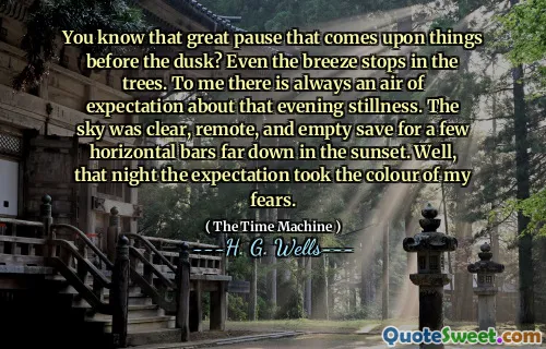 You know that great pause that comes upon things before the dusk? Even the breeze stops in the trees. To me there is always an air of expectation about that evening stillness. The sky was clear, remote, and empty save for a few horizontal bars far down in the sunset. Well, that night the expectation took the colour of my fears.