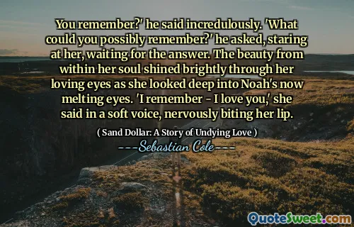 You remember?' he said incredulously. 'What could you possibly remember?' he asked, staring at her, waiting for the answer. The beauty from within her soul shined brightly through her loving eyes as she looked deep into Noah's now melting eyes. 'I remember - I love you,' she said in a soft voice, nervously biting her lip.