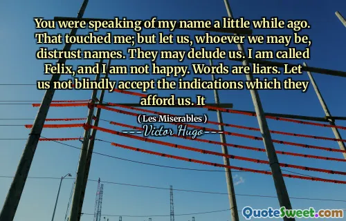 You were speaking of my name a little while ago. That touched me; but let us, whoever we may be, distrust names. They may delude us. I am called Felix, and I am not happy. Words are liars. Let us not blindly accept the indications which they afford us. It